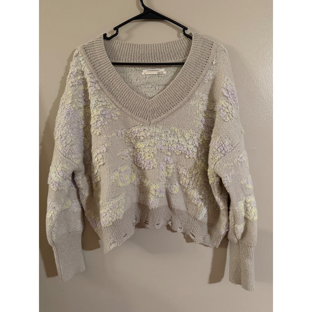 Anthropologie Pastel Floral Distressed V-Neck Chunky Knit Sweater Beige XS